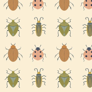 Woodland Bugs Insect Prints on Ivory White  with Ladybug, Shield bug and Beetles Cozy Cottage Collection