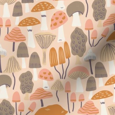 Woodland Mushroom  Brown and Orange Mushrooms on Pale Soft Pink Cozy Cottage Collection 