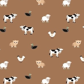 Kawaii boho palette farm animals - in the stable cows pigs chicken ducks and sheep on burnt orange brown