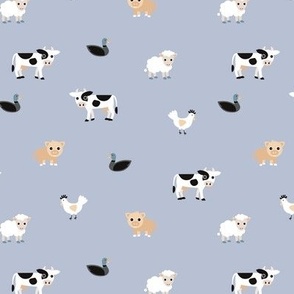 Kawaii boho palette farm animals - in the stable cows pigs chicken ducks and sheep on light sky blue