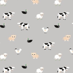 Kawaii boho palette farm animals - in the stable cows pigs chicken ducks and sheep on soft gray