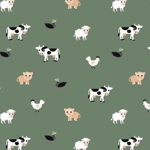 Kawaii boho palette farm animals - in the stable cows pigs chicken ducks and sheep on olive green