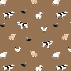 Kawaii boho palette farm animals - in the stable cows pigs chicken ducks and sheep on caramel brown