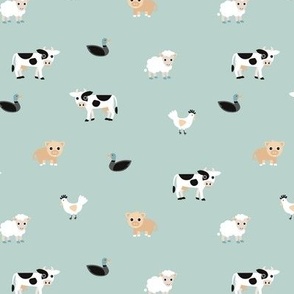 Kawaii boho palette farm animals - in the stable cows pigs chicken ducks and sheep on mint green