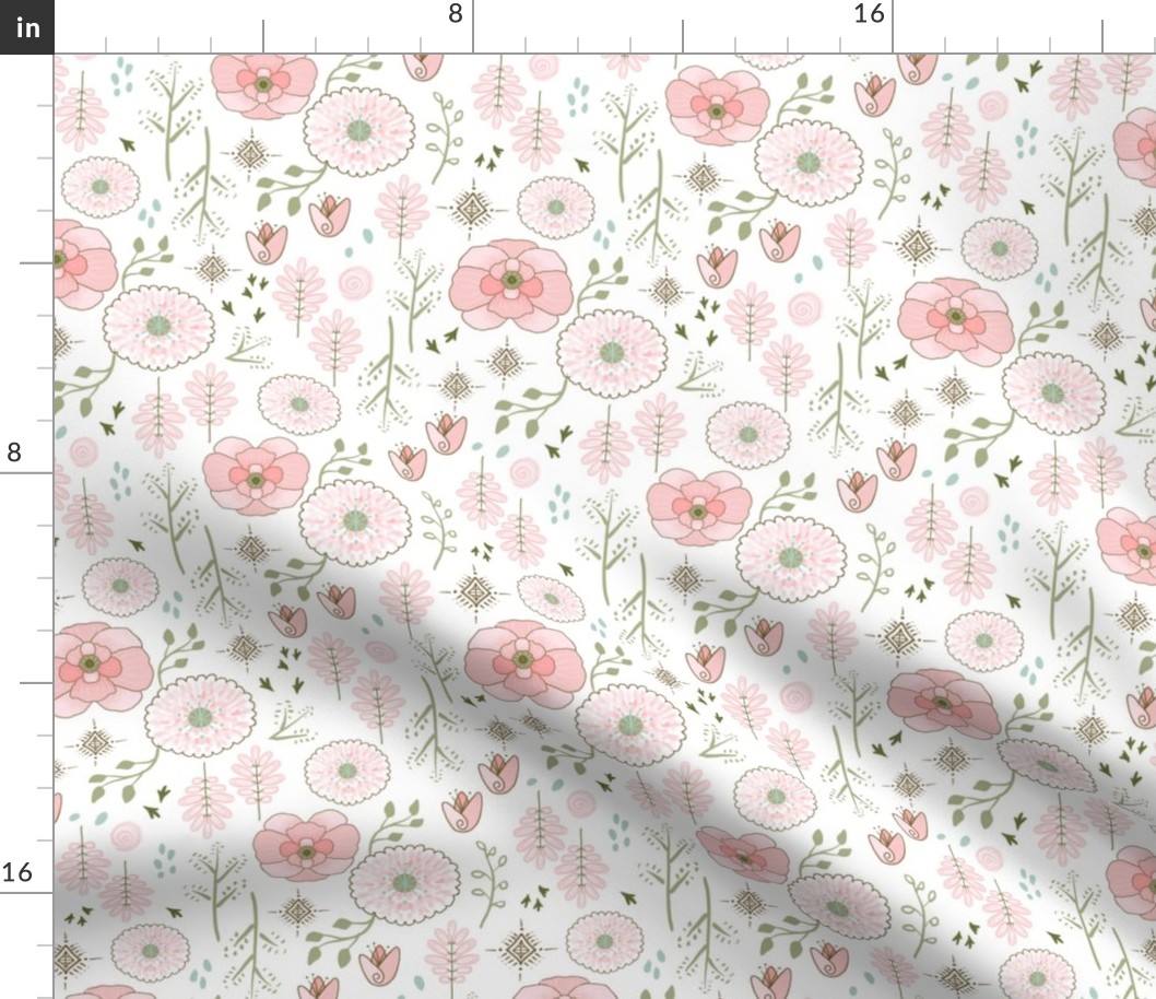 Afternoon Nap (M) Sweet Modern Pink Hand Drawn Flowers 