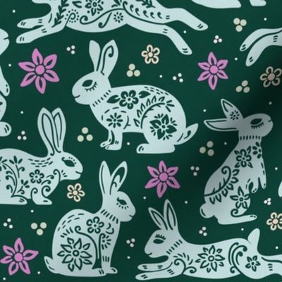 Floral Folk Rabbits - Green Night