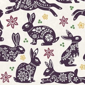 Floral Folk Rabbits - Purple and White