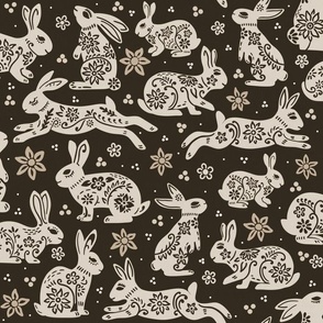 Floral Folk Rabbits - Sepia