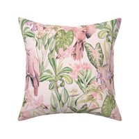 Exotic Jungle Beauty:  A Vintage Mysterious Botanical Tropical Pattern Featuring leaves blossoms and pink  colorful Cockatoo birds on a sepia pink background 