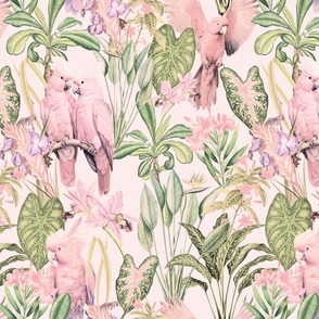 Exotic Jungle Beauty:  A Vintage Mysterious Botanical Tropical Pattern Featuring leaves blossoms and pink  colorful Cockatoo birds on a sepia pink background 
