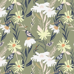 Meadow flowers and birds Wallpaper in sage green, yellow, white wallpaper - large