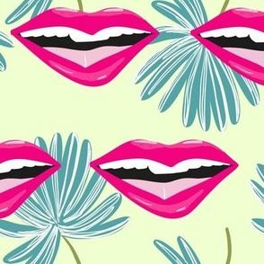 Smiling Red Lips Against Tropical Leaves