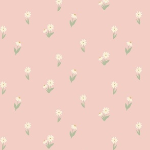 Soft white daisy Flower Fabric: Peach Pink Background, Floral Pattern