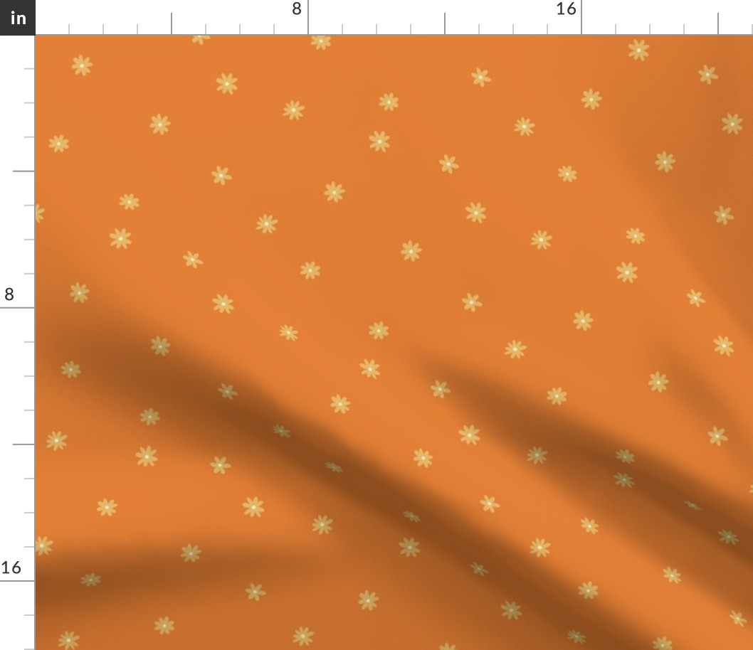 Delicate yellow Daisy Flower Fabric on orange, small scale floral, flower pattern