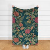 Large Romantic Garden Cray Bright William Morris Teal with orange small flowers