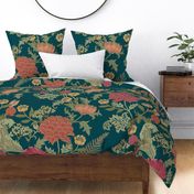 Large Romantic Garden Cray Bright William Morris Teal with orange small flowers