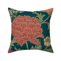 Large Romantic Garden Cray Bright William Morris Teal with orange small flowers