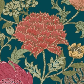 Large Romantic Garden Cray Bright William Morris Teal with orange small flowers