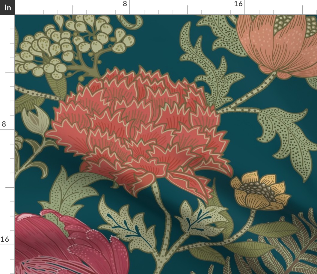 Large Romantic Garden Cray Bright William Morris Teal with orange small flowers