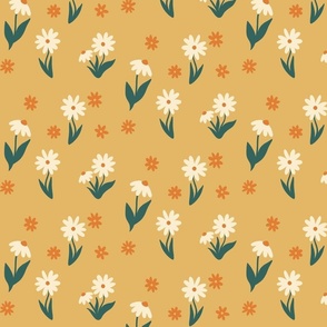 Soft white daisy Flower Fabric on yellow mustard Background, Floral Pattern