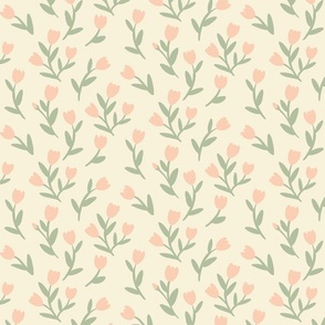 Soft Pink Tulip Fabric on cream - Simple floral pattern, small scale flowers