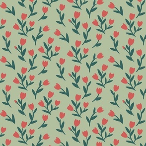 Red Scrolling Tulip Silhouette Pattern on sage - Simple floral pattern
