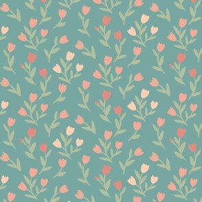 Pink Scrolling Tulip Silhouette Pattern on light blue - Simple floral pattern
