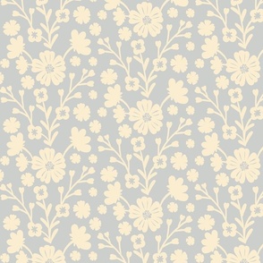 Cream Wildflower Fabric: light blue periwinkle  Background, Floral Pattern