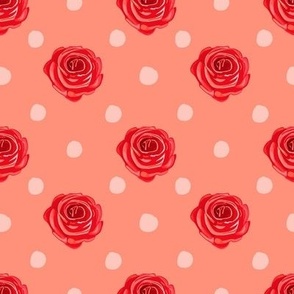 Red Roses on Peach Polka Dot Background 