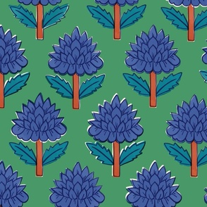 Block print bedding - indian block print inspired floral - block print flower fabric - medium blue teal and orange red on green - extra large