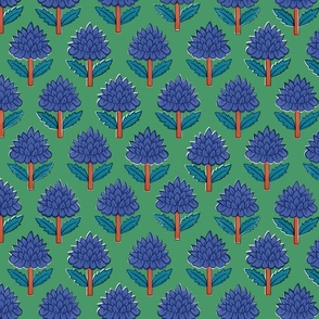 Block print bedding - indian block print inspired floral - block print flower fabric - medium blue teal and orange red on green - medium