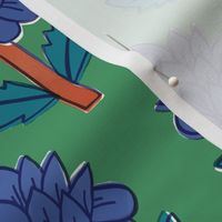 Block print bedding - indian block print inspired floral - block print flower fabric - medium blue teal and orange red on green - large