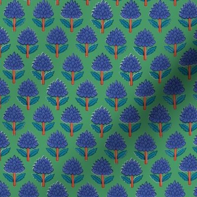 Block print bedding - indian block print inspired floral - block print flower fabric - medium blue teal and orange red on green - extra small