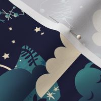 Night Time Sleepy Valley in Navy Teal Cream Bedding Fabric