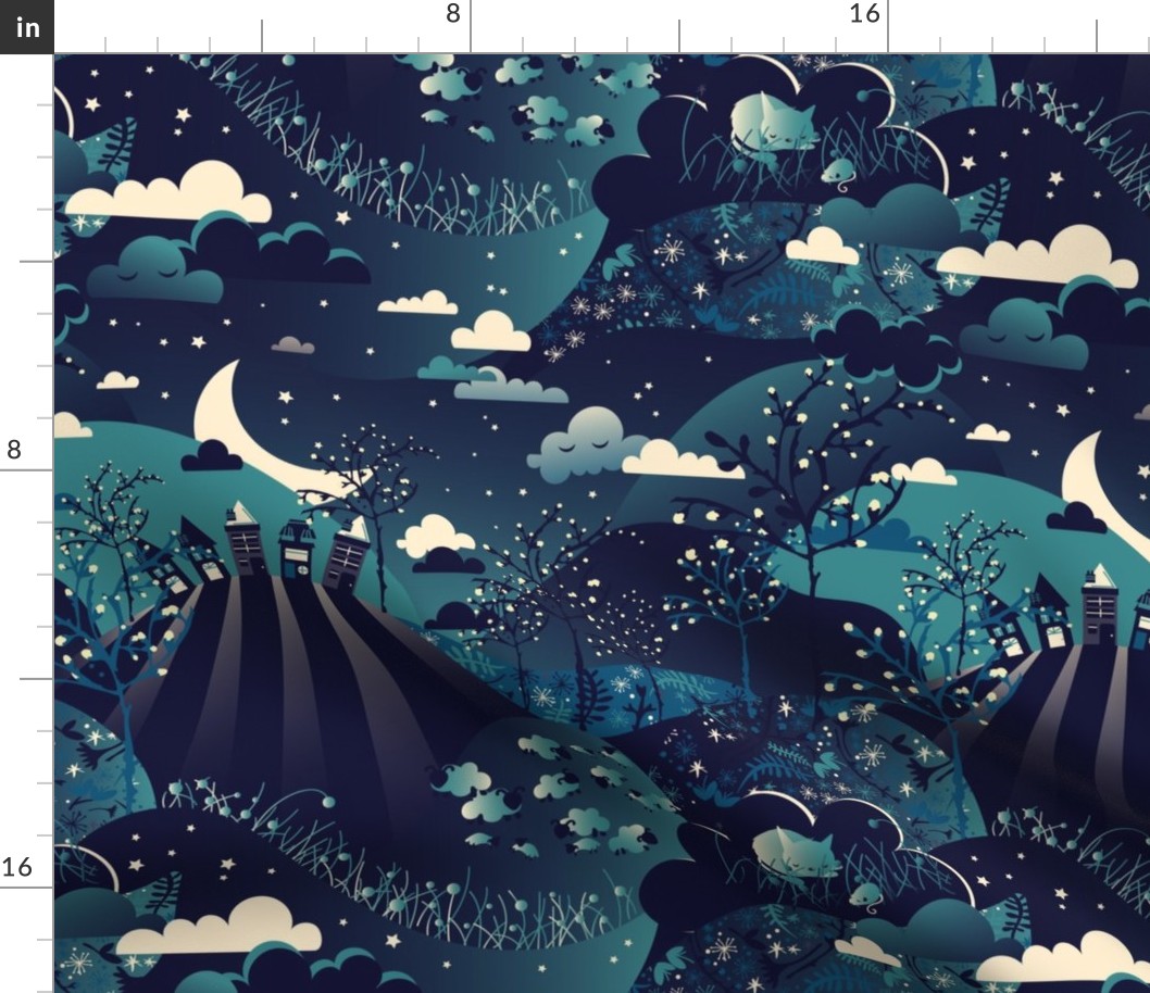 Night Time Sleepy Valley in Navy Teal Cream Bedding Fabric
