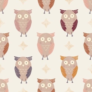 Little Woodland Owls,  Pink , Brown and Orange Owls on Ecru White Cozy Cottage Collection 