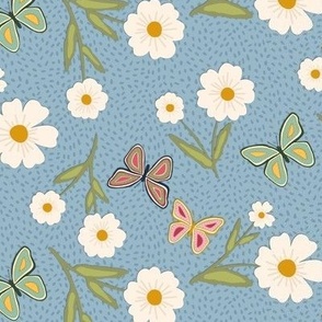 Elegant French Country Daisies in Bloom with Butterflies on a French Country Blue Background