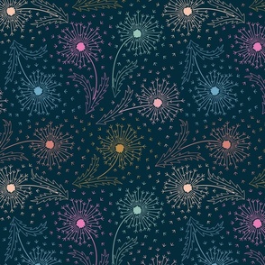  Magical Colorful Glowing Dandelions on a navy blue background that look like stars in the galaxy