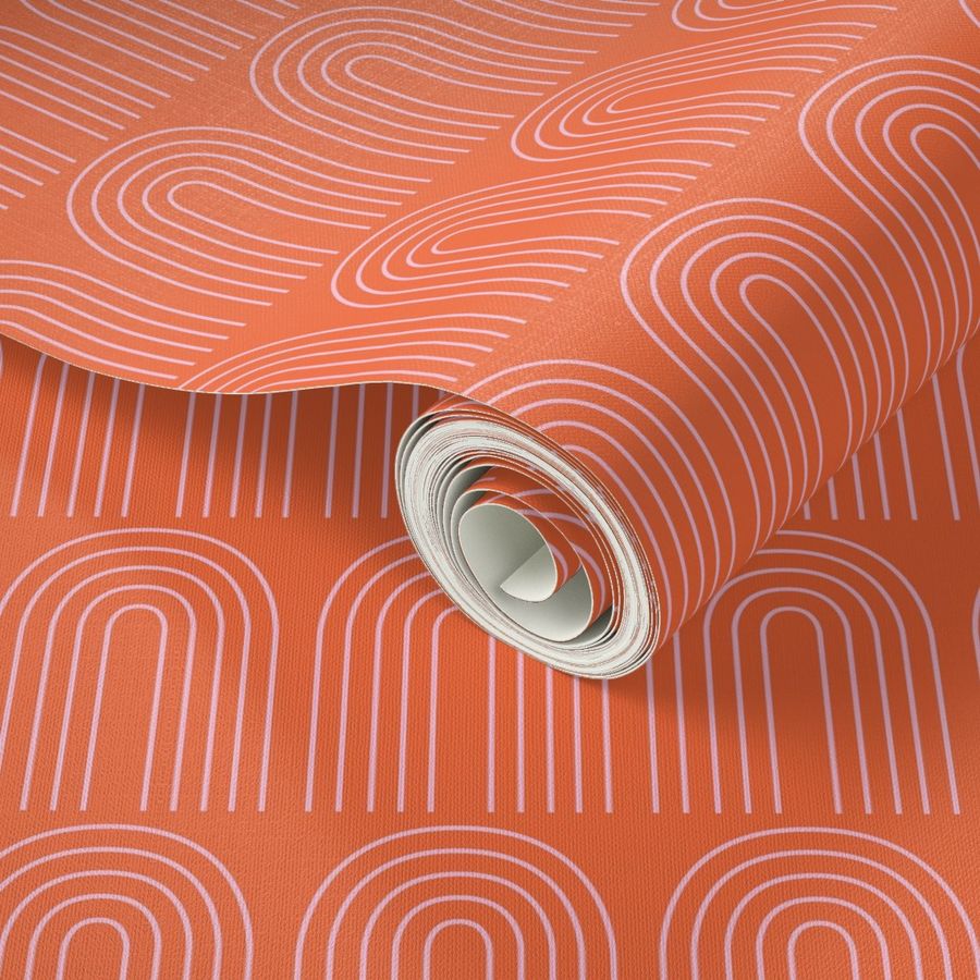 The modernist rainbow - retro boho style minimalist skinny rainbows soft pink on orange LARGE wallpaper