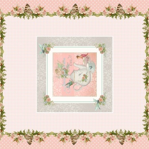 Cheater Quilt Blanket Fairy Tea Party Floral Butterflies (Rotated) in Pink by Audrey Jeanne