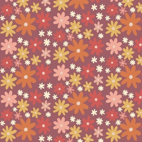 Warm retro daisy flower fabric: dark purple  background, floral pattern