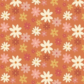 Warm retro daisy flower fabric: bold orange background, floral pattern