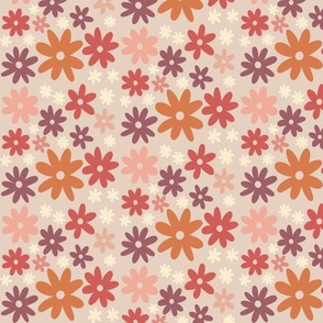 Warm retro daisy Flower fabric: light purple background, floral pattern