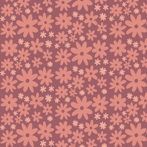 Soft retro pink daisy flower fabric: Purple background, floral pattern