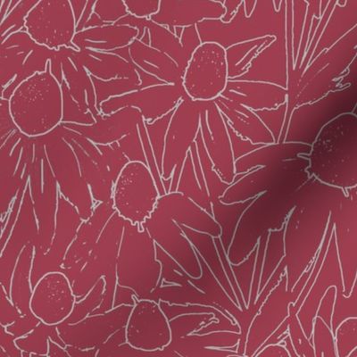 Redberries serene field of flowers over garden pod_ wallpaper for joy and peace _ breeze line art daisies on soft acqua fresh background