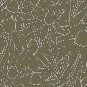 Sage green serene field of flowers over garden pod_ wallpaper for joy and peace _ breeze line art daisies on soft acqua fresh background