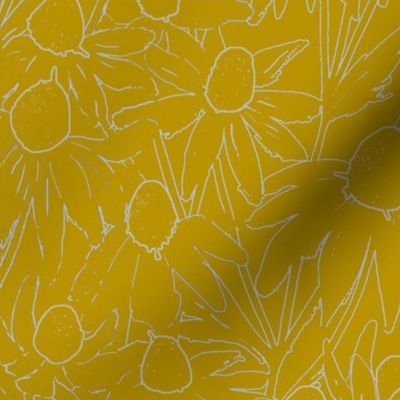 Sunny yellow serene field of flowers over garden pod_ wallpaper for joy and peace _ breeze line art daisies on soft acqua fresh background