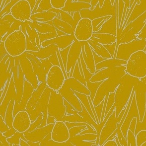 Sunny yellow serene field of flowers over garden pod_ wallpaper for joy and peace _ breeze line art daisies on soft acqua fresh background