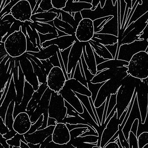 Black and white serene field of flowers over garden pod_ wallpaper for joy and peace _ breeze line art daisies on soft acqua fresh background