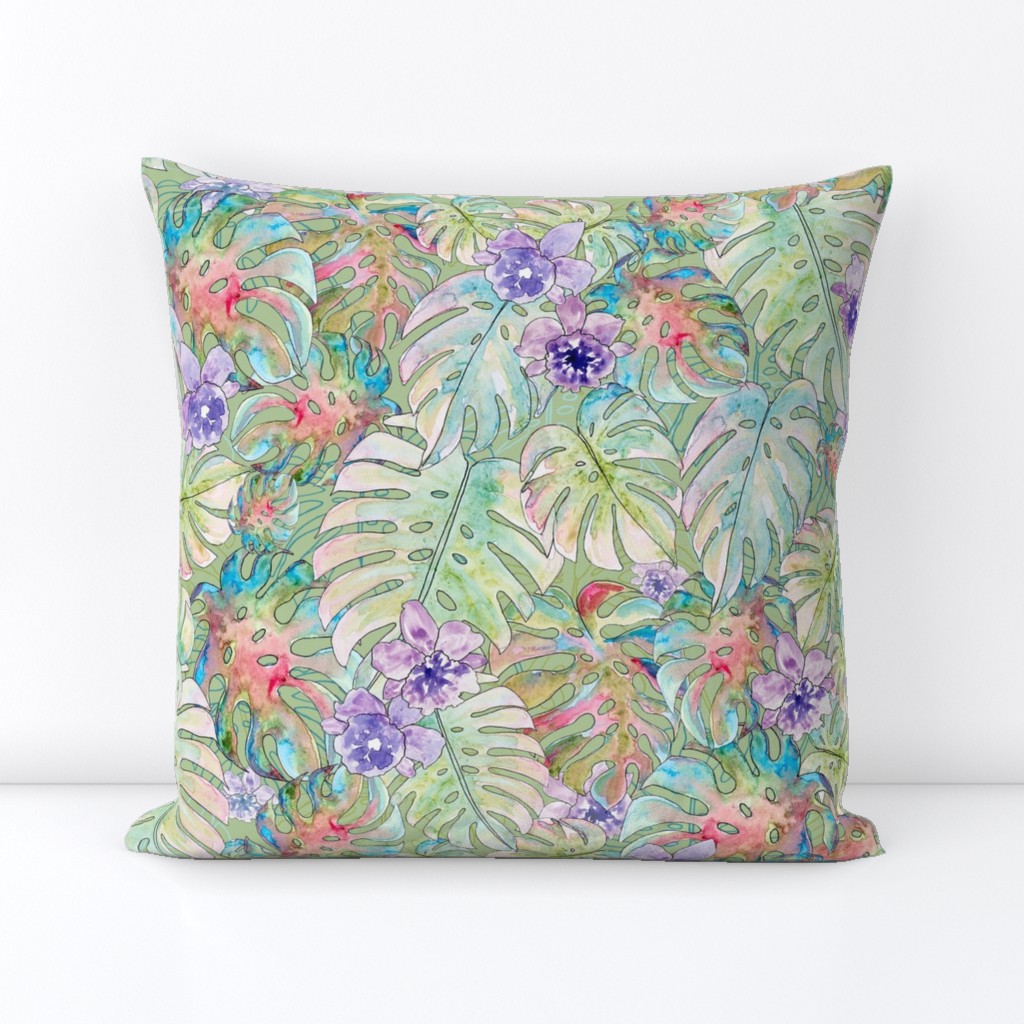Sweet-Dreams-monstera-and-purple-orchids-pastels-on-sage